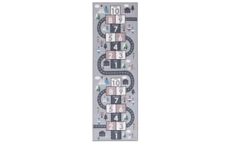 Happy Hopper 2' x 6' Pink Runner area rug in gray, pink, and white with playful hopscotch and road pattern. Transitional style, soft polyamide fabric, washable, slip-resistant backing, OEKO-TEX certified for safe, cozy play.