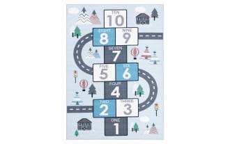 Happy Hopper 3' x 5' light blue transitional area rug with playful road and number block pattern in gray, white, and blue. Made of soft, washable polyamide fabric with slip-resistant backing, ideal for kids' playrooms.