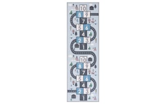 Happy Hopper 2' x 10' Light Blue Runner with playful road and number block pattern in light blue, gray, and white. Transitional style fabric rug made of soft polyamide, washable with slip-resistant backing, OEKO-TEX certified for safe kids' play.