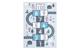 Happy Hopper 5' x 8' light blue transitional area rug with playful road and number block pattern, soft polyamide fabric, washable, slip-resistant backing.