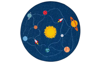 Orbit Adventure 3' round blue rug with playful space design, navy fabric with yellow sun, red rockets, and colorful planets, durable polyamide.
