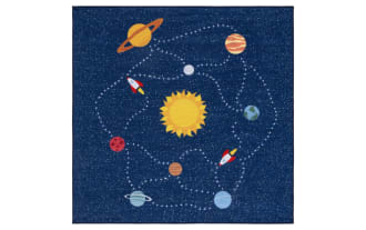 Children's play rug with a solar system design featuring the sun, planets, stars, and rockets on a dark blue background.