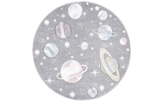 Cosmic Galaxy 3' round gray rug with playful planets and stars pattern in lavender and gray, made of durable polypropylene and polyester.