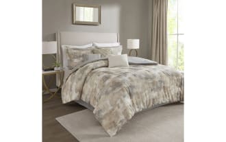 Solene Queen Gray Abstract 7 Piece Comforter Set with cotton-rich gray, taupe, cream abstract design, embroidered pillows, and solid gray reverse in transitional style.