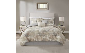 Solene Queen Gray Abstract 7 Piece Comforter Set with cotton-rich gray, taupe, cream abstract design, embroidered pillows, and solid gray reverse in transitional style.