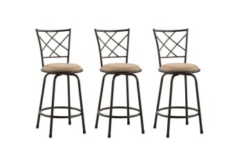 Set of 3 Delta Bronze Cross Back Upholstered Adjustable Height Swivel Stools in taupe microfiber fabric with metal frame, transitional style, padded seats, and 360° swivel.