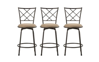 Set of 3 Delta Bronze Cross Back Upholstered Adjustable Height Swivel Stools in taupe microfiber fabric with metal frame, transitional style, padded seats, and 360° swivel.