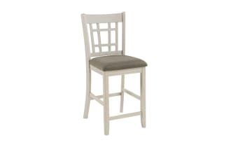 Brookside White & Brown Upholstered Counter Stool set with farmhouse style, brown polyester fabric seats, oak veneer finish, and slatted wood backs.