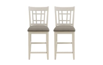 Brookside White & Brown Upholstered Counter Stool set with farmhouse style, brown polyester fabric seats, oak veneer finish, and slatted wood backs.