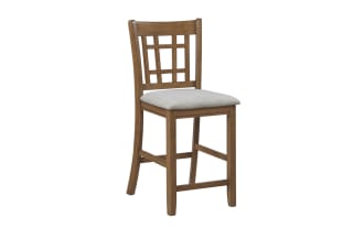 Set of 2 Brookside farmhouse counter stools with light gray polyester fabric seats, oak veneer finish, and slatted mission-style wood backs.