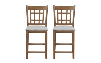 Set of 2 Brookside farmhouse counter stools with light gray polyester fabric seats, oak veneer finish, and slatted mission-style wood backs.
