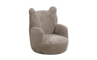 Teddy Brown Upholstered Kids Chair in brown chenille fabric with playful bear ears, rounded arms, plywood frame, and foam cushioning for comfort.