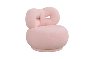Contemporary Avaline Pink Upholstered Swivel Kids Chair with bow-shaped back, soft polyester fabric, high-density foam, plywood frame, and metal swivel base