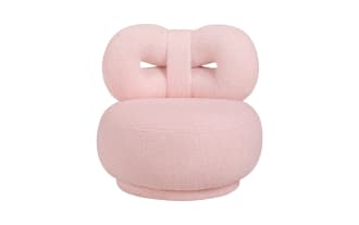 Contemporary Avaline Pink Upholstered Swivel Kids Chair with bow-shaped back, soft polyester fabric, high-density foam, plywood frame, and metal swivel base