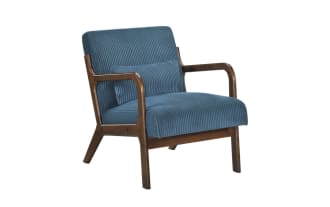 Blue corduroy upholstered armchair with wooden frame and matching lumbar pillow, mid-century modern style lounge chair