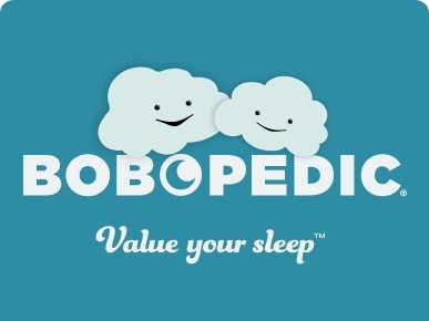 BoboPedic logo with two smiling clouds above the brand name and the slogan "Value your sleep" on a teal background, promoting sleep products.