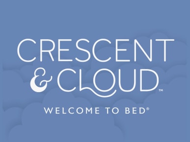 Crescent & Cloud logo with the tagline "Welcome to Bed" on a blue background, promoting sleep and bedding products.
