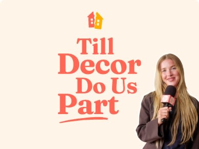 Woman with microphone on light pink background. Text reads: Till decor do us part