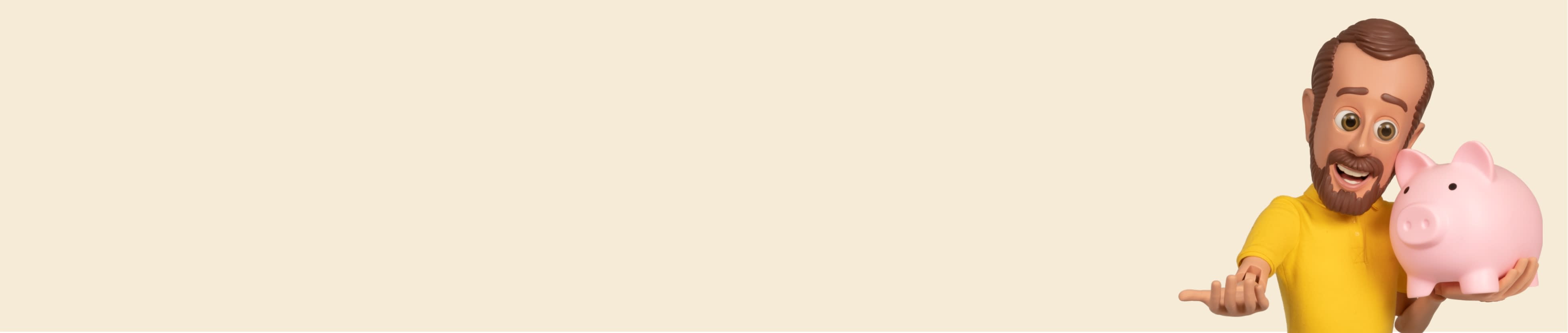 A cartoon man with a beard, wearing a yellow shirt, smiles while holding a pink piggy bank. The background is solid yellow, conveying a cheerful tone.