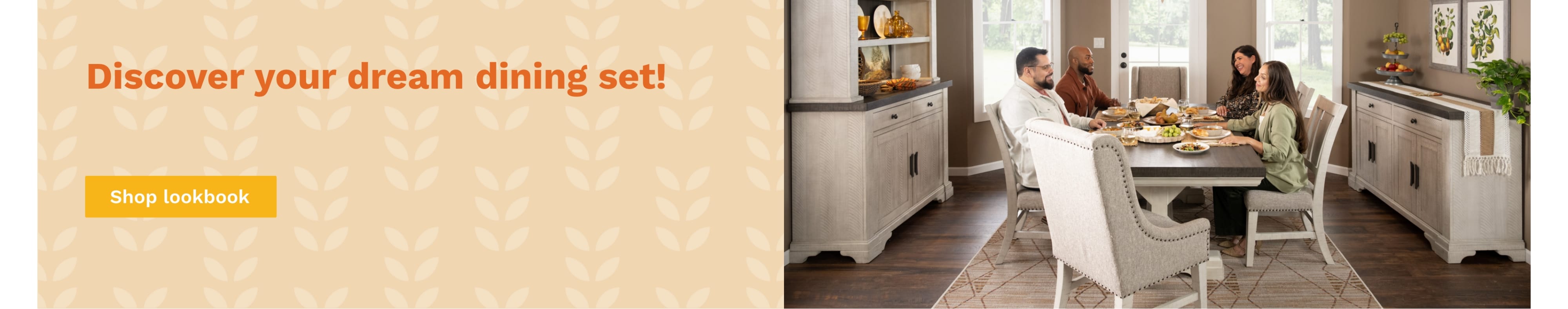 Modern farmhouse dining set pictured with family seated for dinner. Select to shop the fall dining lookbook.