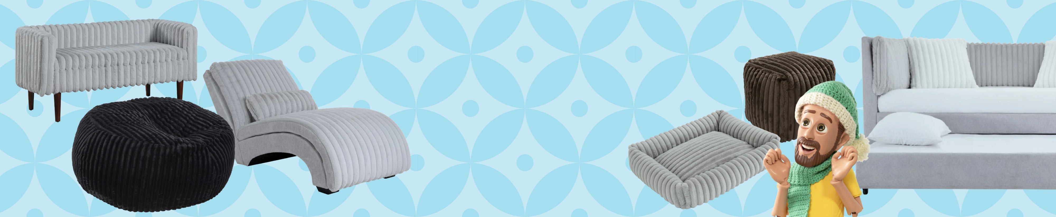 A variety of stylish faux fur furniture against a blue patterned background.