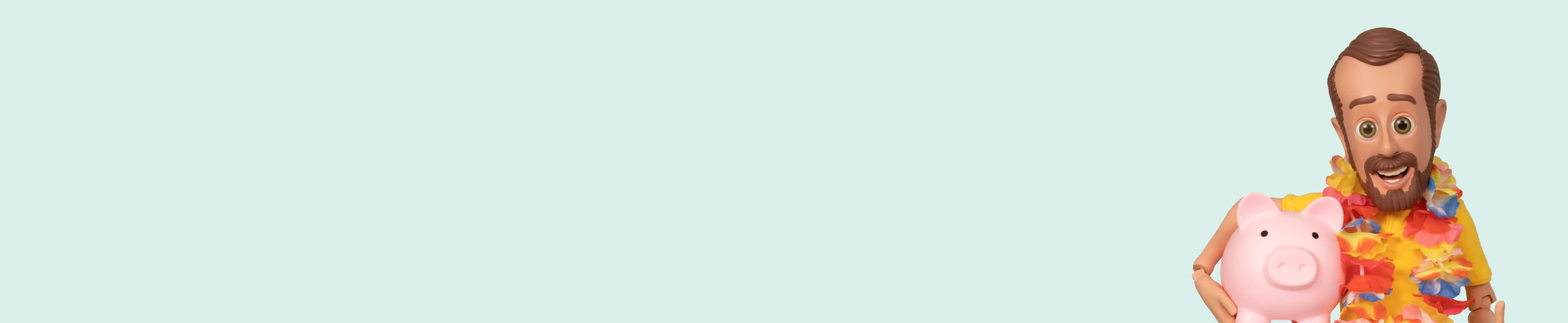 Mannequin wearing a yellow shirt and colorful flower lei holding a pink piggy bank, symbolizing savings and financial planning.