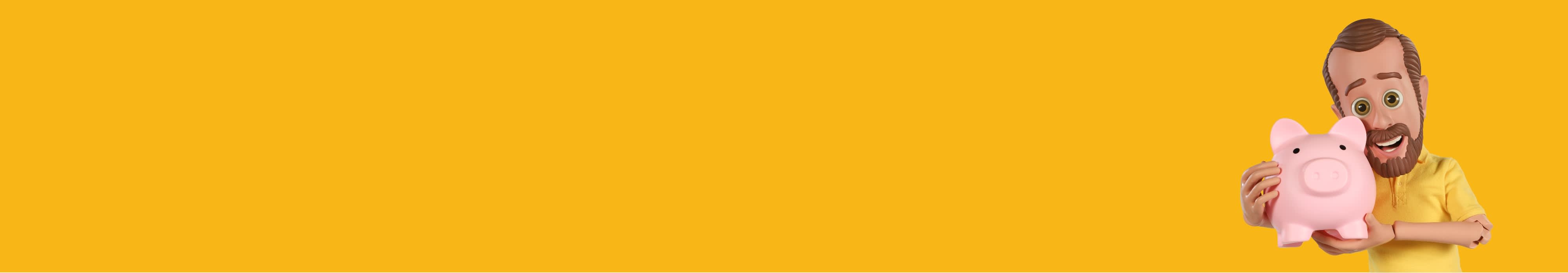 Man holding a pink piggy bank against a solid yellow background, symbolizing savings and financial planning.