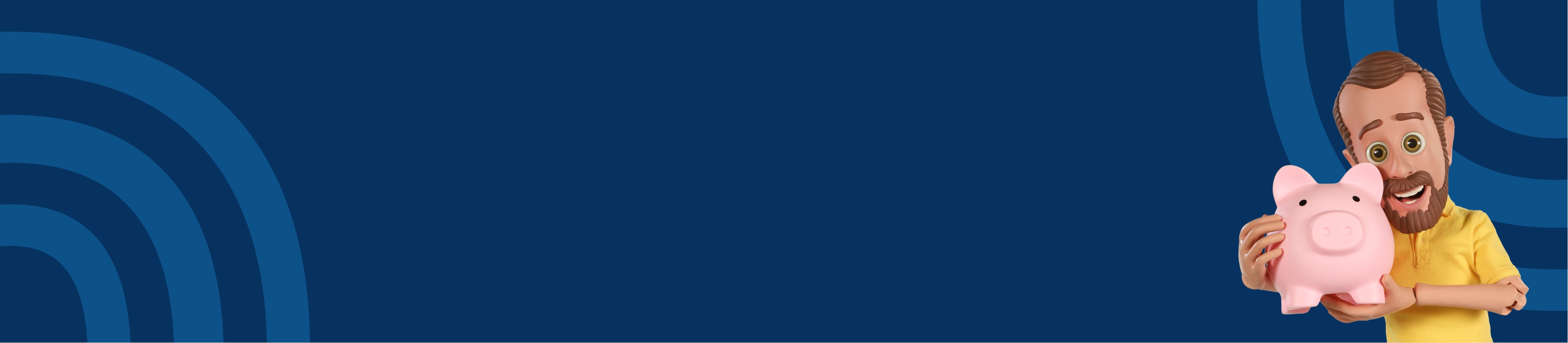 Little Bob joyfully holds a pink piggy bank on a teal background with circular patterns, conveying a sense of savings and happiness.