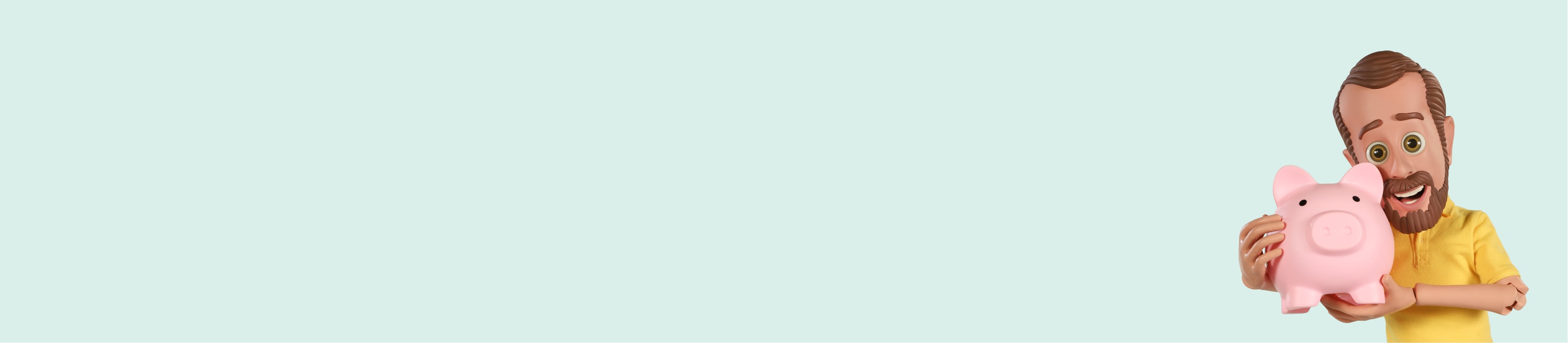 Little Bob joyfully holds a pink piggy bank on a teal background, conveying a sense of savings and happiness.