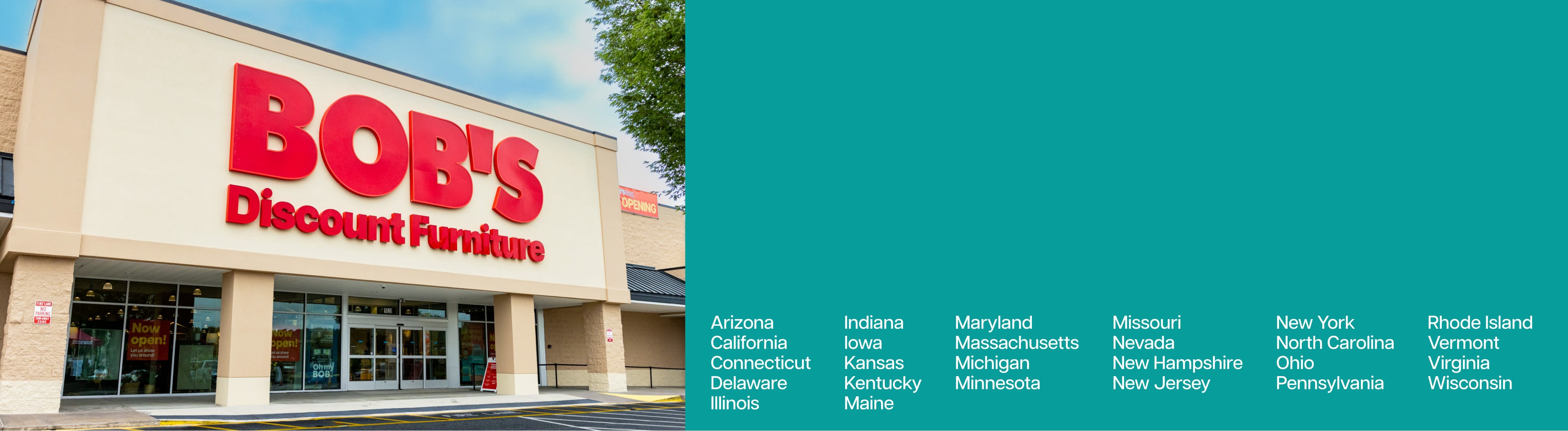 Facade of a Bob's Discount Furniture store. Clear blue sky above. The tone is inviting and vibrant.