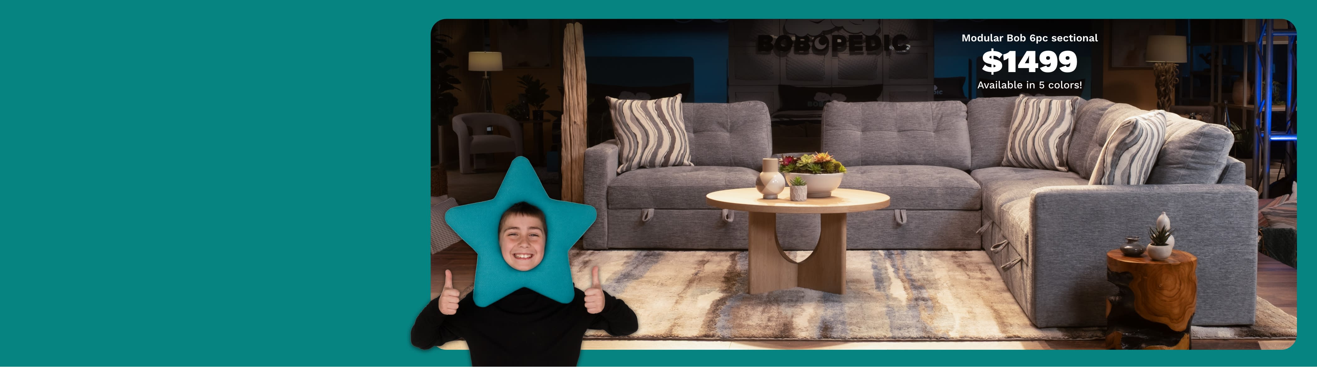 Modular Bob 6-piece sectional sofa in gray fabric with tufted cushions, striped pillows, round wooden coffee table, and side table. Text: "Modular Bob 6pc sectional $1499 Available in 5 colors!"