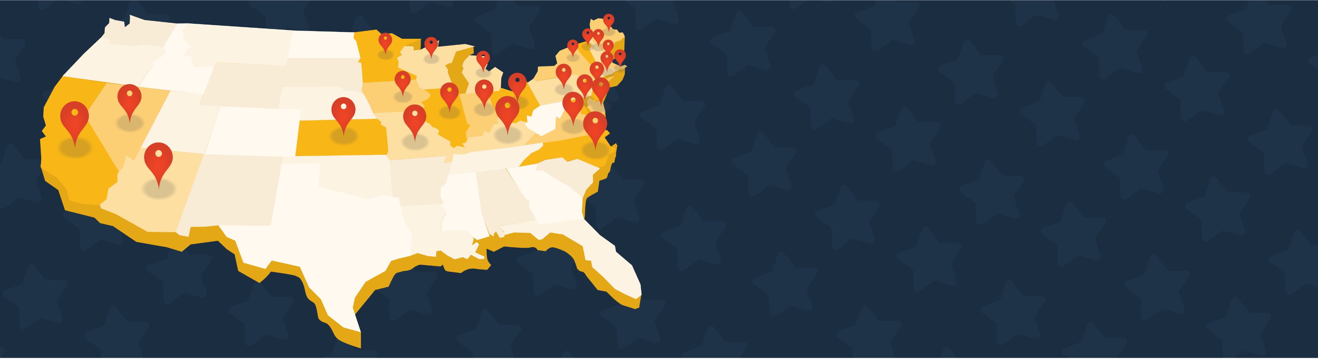 Map of the united states with pins indicating Bob's Discount Furniture locations on a blue star background.