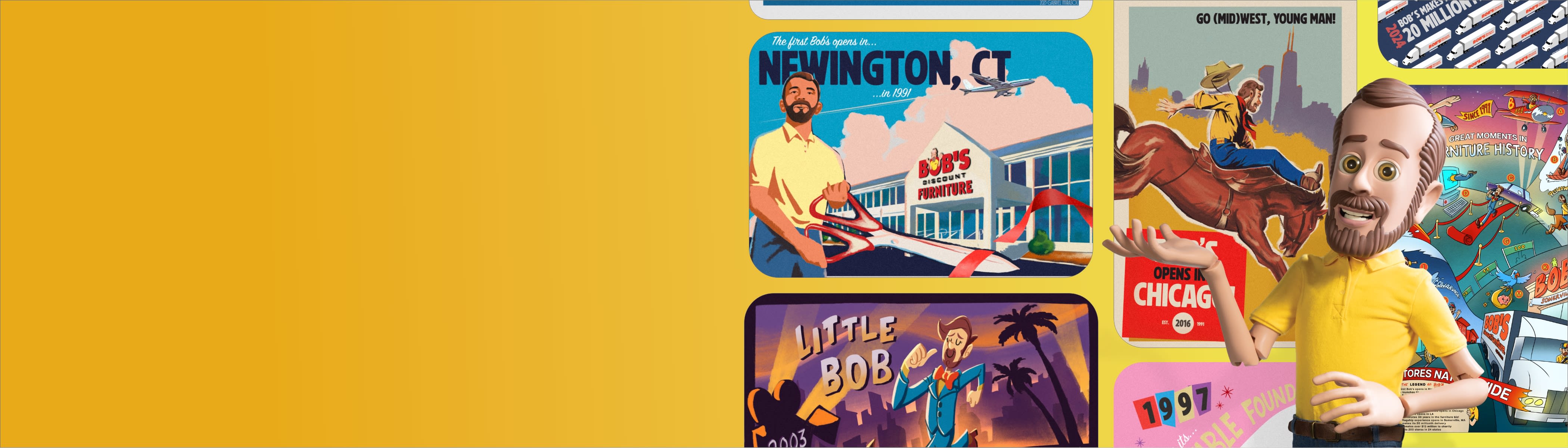 Little Bob stands in front of a colorful collage of illustrated posters celebrating milestones and locations related to Bob's Discount Furniture. The lively backdrop includes images of furniture stores, delivery trucks, and playful historical themes, conveying a vibrant, nostalgic tone.