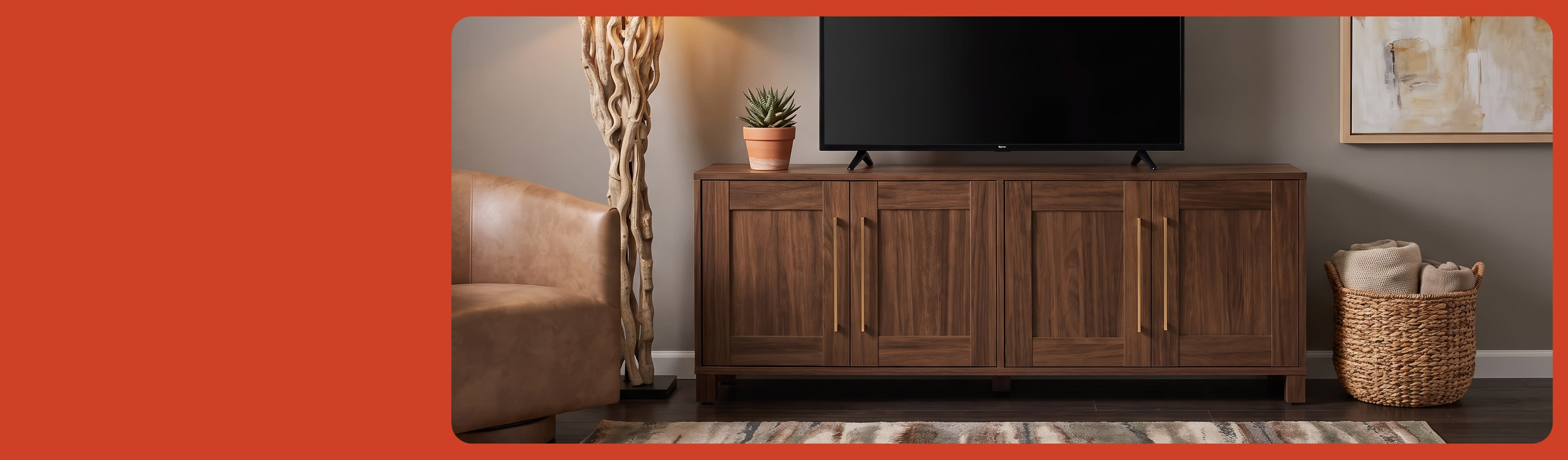 A sleek living room with a wooden TV cabinet, flat-screen TV, and decorative items like a plant and books. The setting is modern and organized.