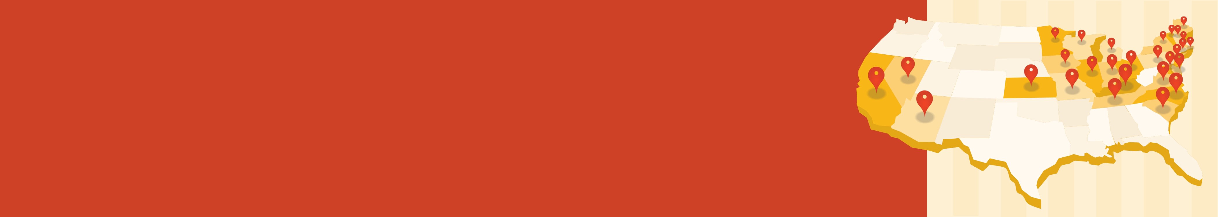 Red background with a map of the united states with location pins marked on states.