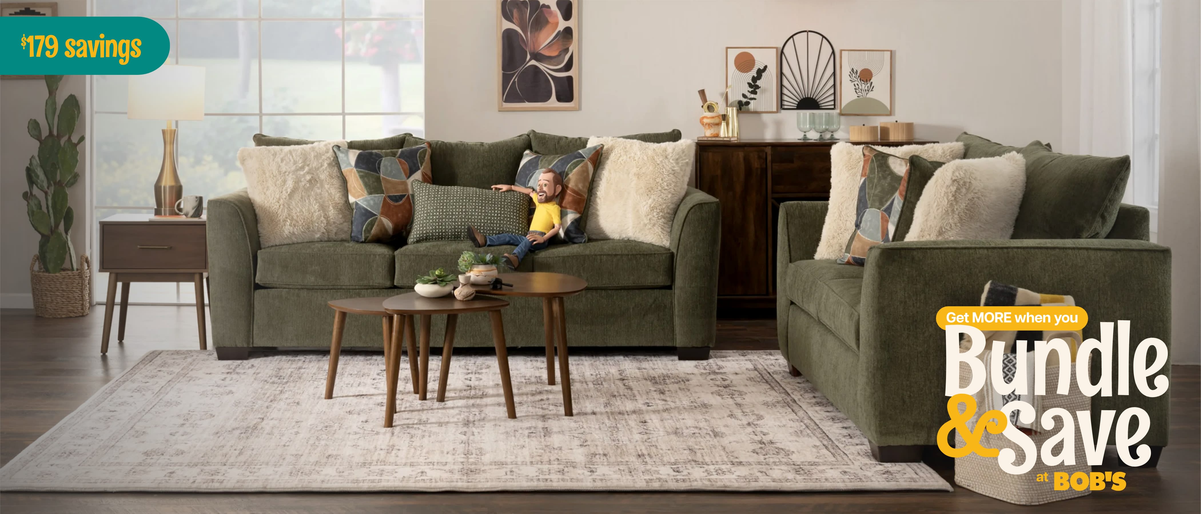 Brynn living room set, sofa and loveseat in forest green. Bundle & Save $179 dollars.