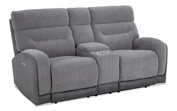 Phantom Gray 76'' transitional power reclining console loveseat in gray polyester fabric with USB and USB-C ports, memory foam cushions, and cup holders.
