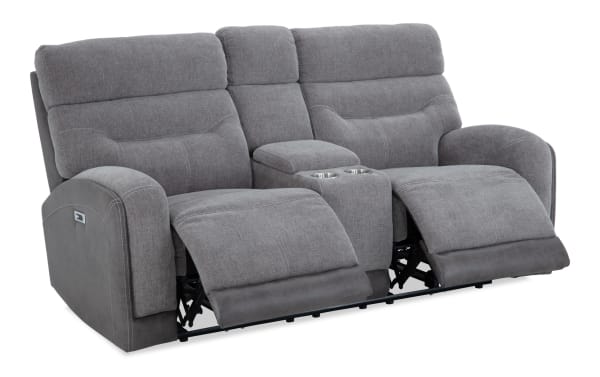 Phantom Gray 76" power reclining console loveseat in gray polyester fabric with transitional style, USB and USB-C ports, memory foam cushions, and dual recliners.