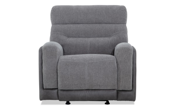 Phantom Gray Power Recliner with plush gray polyester fabric, transitional style, power recline, and built-in USB and USB-C ports.