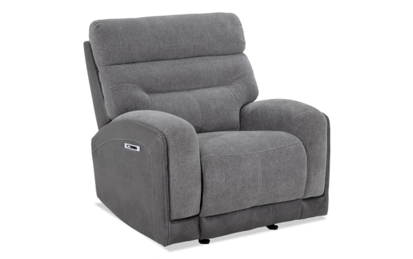Phantom Gray Power Recliner in transitional style with plush gray polyester fabric, power recline, USB and USB-C ports, and memory foam cushioning.