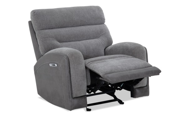 Phantom Gray Power Recliner with plush gray polyester fabric, transitional style, power recline, built-in USB and USB-C ports, and memory foam cushioning.