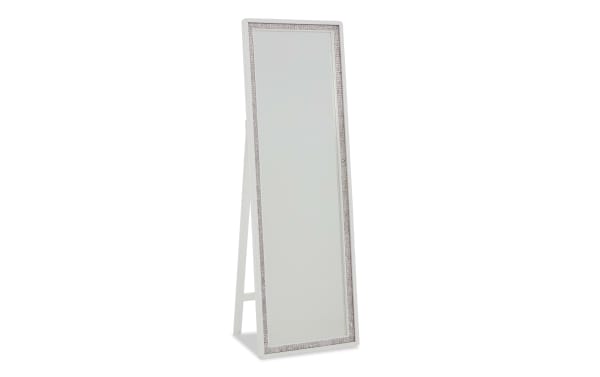 Full-length white standing mirror with a decorative silver mosaic frame, designed for bedroom or dressing room use.