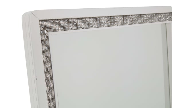 White decorative wall mirror with a beveled edge and an intricate silver mosaic tile border, suitable for modern home decor.