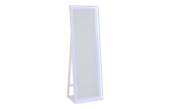 Full-length white standing mirror with LED light border, rectangular shape, modern style, ideal for bedroom or dressing room use.