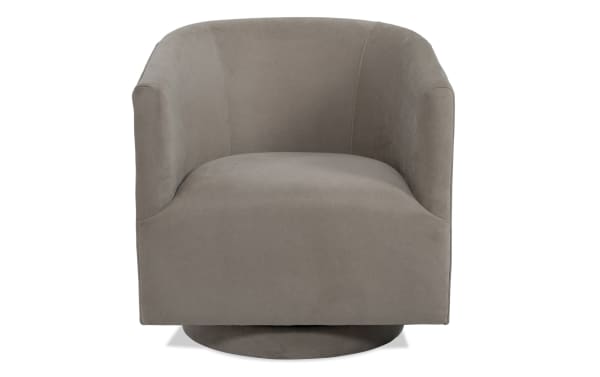 Blair Taupe Swivel Accent Chair in beige polyester and nylon fabric, featuring a contoured back and memory foam seat for transitional style comfort.