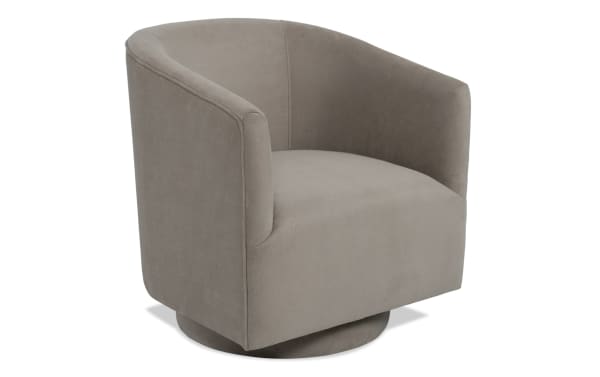 Transitional Blair Taupe Swivel Accent Chair with contoured back, taupe polyester-nylon fabric upholstery, and Bob-O-Pedic Memory Foam seat for comfort.