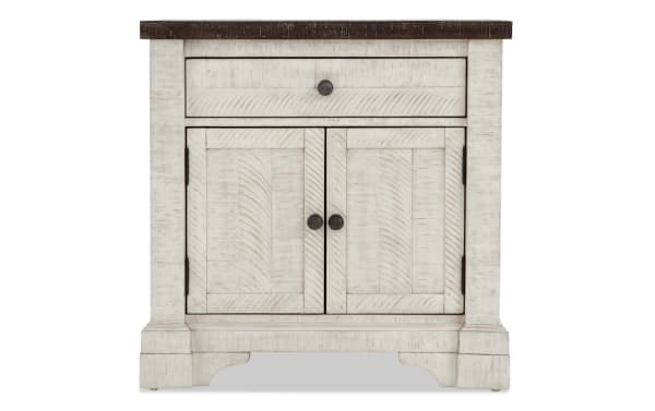 Beaumont White & Gray 2 Door Nightstand with Drawer in transitional style, pine solids and veneer, featuring distressed white finish and dark wood top.