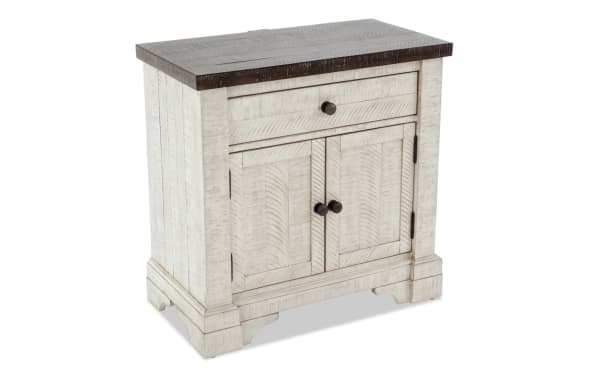 Beaumont White & Gray 2 Door Nightstand with Drawer, transitional style pine solids and veneer, distressed white finish, dark wood top, black knobs, from Beaumont Bedroom collection.