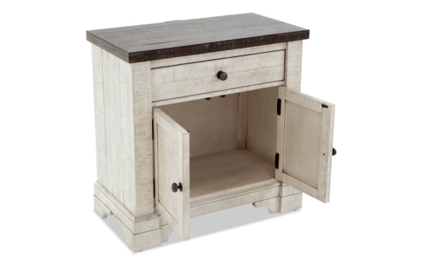 Beaumont White & Gray 2 Door Nightstand with Drawer in transitional style, pine solids and veneer, featuring dark wood top, white distressed finish, and spacious cabinet.