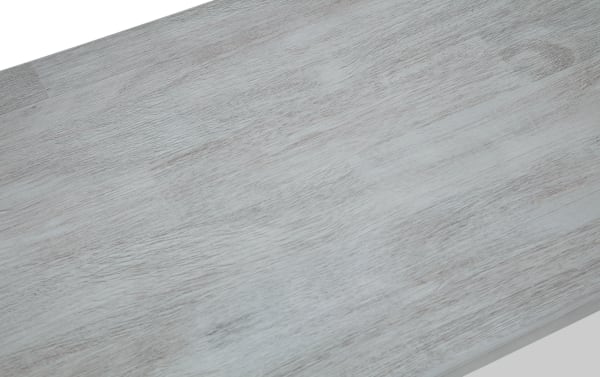 Mango White solid wood dining bench with a contemporary style, featuring a smooth, light graywashed finish and natural wood grain texture.